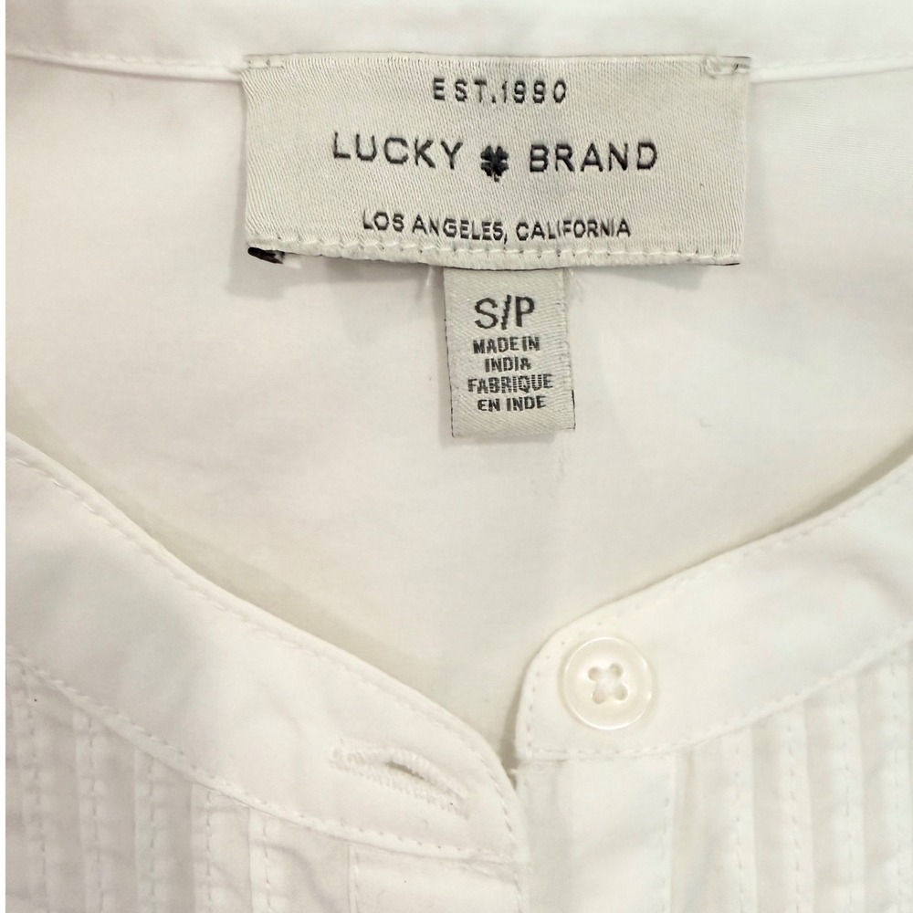 Lucky Brand White Cotton Pintuck Lace Trim Button Down Blouse Top Feminine Small - Picture 2 of 8